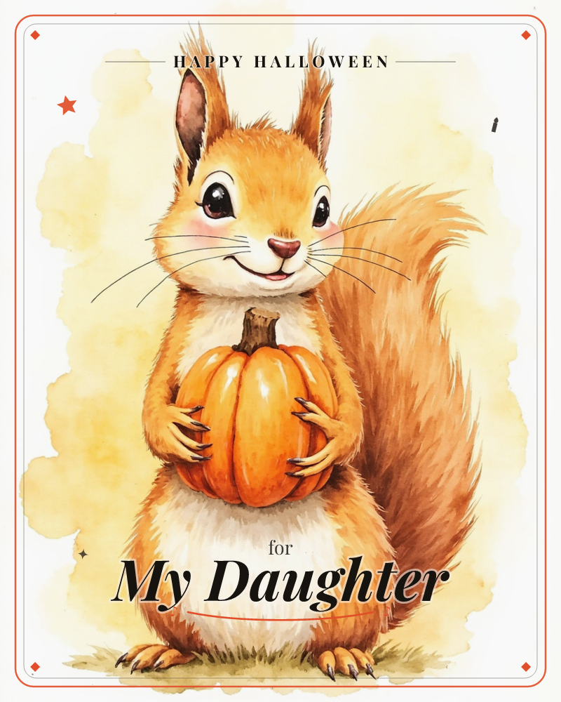 A red squirrel stands upright on a patch of grass, cradling a small orange pumpkin against its fluffy white belly, a halloween e-card design