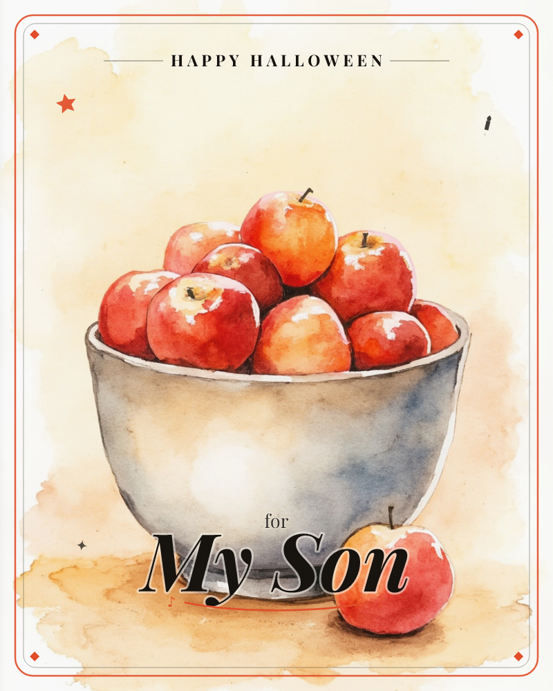 A watercolour still life shows a white ceramic bowl piled high with glossy red apples, one extra apple resting on the table beside it, a halloween e-card design