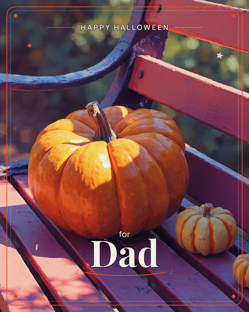 A large glossy orange pumpkin sits on a weathered red-painted park bench, with two smaller striped white-and-orange gourds tucked beside it, a halloween e-card design