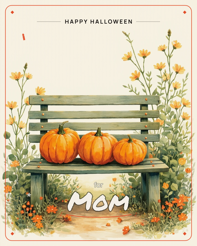 Three plump orange pumpkins sit lined up on a weathered blue-grey wooden bench, framed by tall sprays of small yellow wildflowers and clusters of…, a halloween e-card design