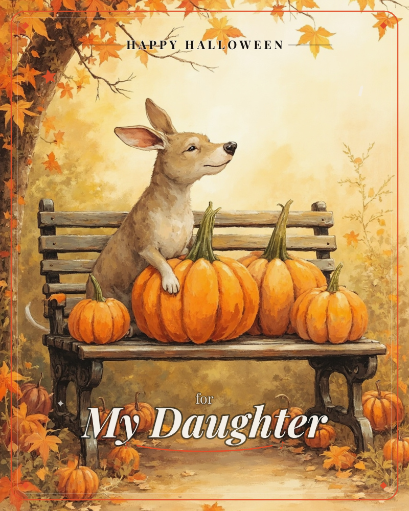 A wistful little deer-eared creature perches on a park bench crowded with plump orange pumpkins, gazing up toward drifting maple leaves, a halloween e-card design