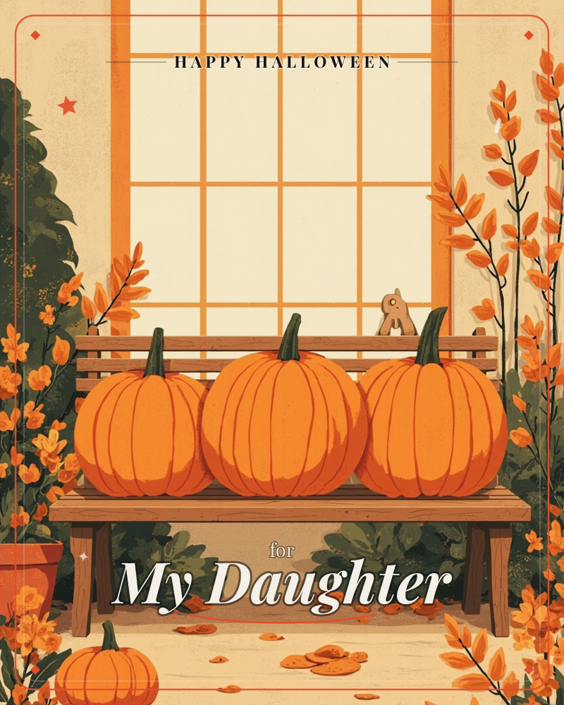 Three plump orange pumpkins sit lined up on a wooden garden bench beneath a paned window, flanked by autumn foliage and orange leaf-branches, a halloween e-card design
