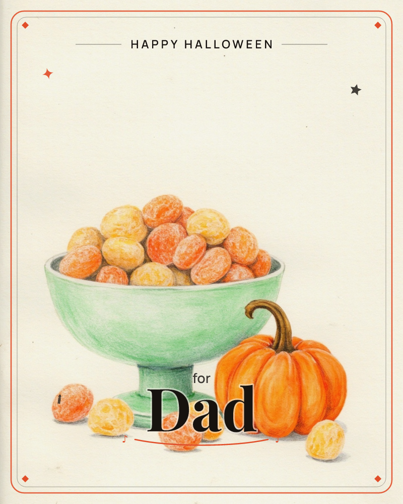 A pale green pedestal bowl sits piled high with round orange and gold fruits, a few scattered loose on the table beside a small orange pumpkin with a…, a halloween e-card design