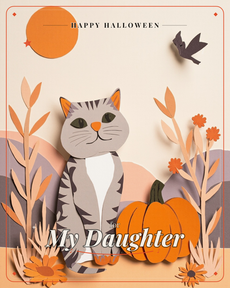 A paper-craft grey tabby cat sits smiling among cut-paper autumn foliage, a plump orange pumpkin, and small marigold-like flowers, all layered to…, a halloween e-card design