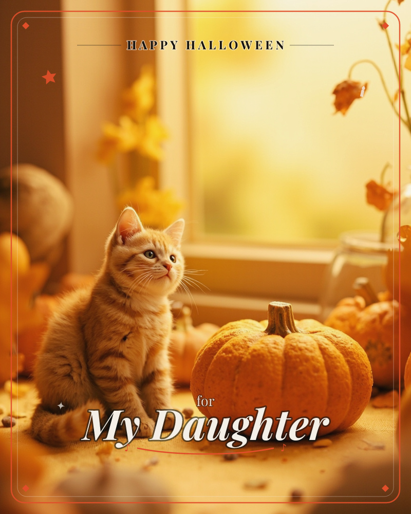 An orange tabby kitten sits beside a small pumpkin on a sunlit windowsill, gazing upward with wide curious eyes, a halloween e-card design