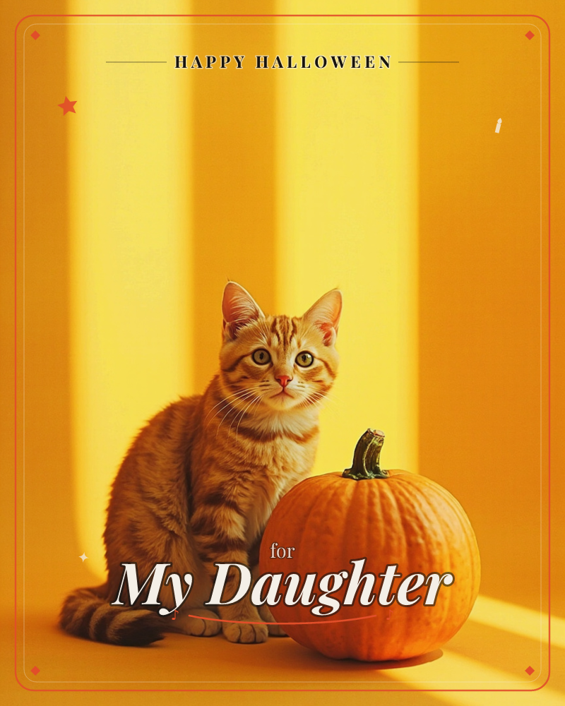 An orange tabby kitten sits beside a small round pumpkin, both bathed in warm golden light against a matching mustard-yellow backdrop, a halloween e-card design