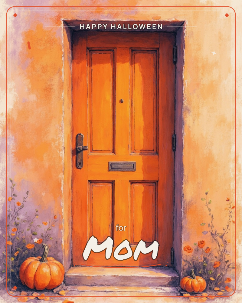A tall wooden door glows deep orange against a sun-washed stucco wall streaked with lavender and cream, a halloween e-card design