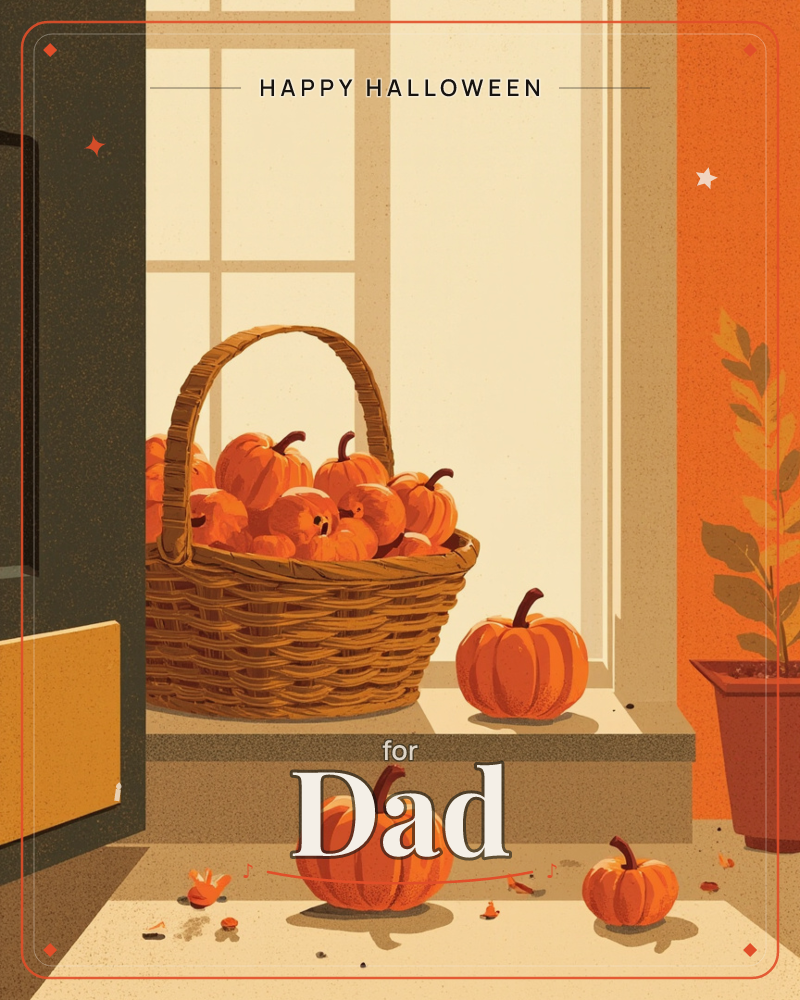 A woven basket brimming with small pumpkins sits on a sunlit doorstep, with more pumpkins scattered down the steps onto the mat below, a halloween e-card design