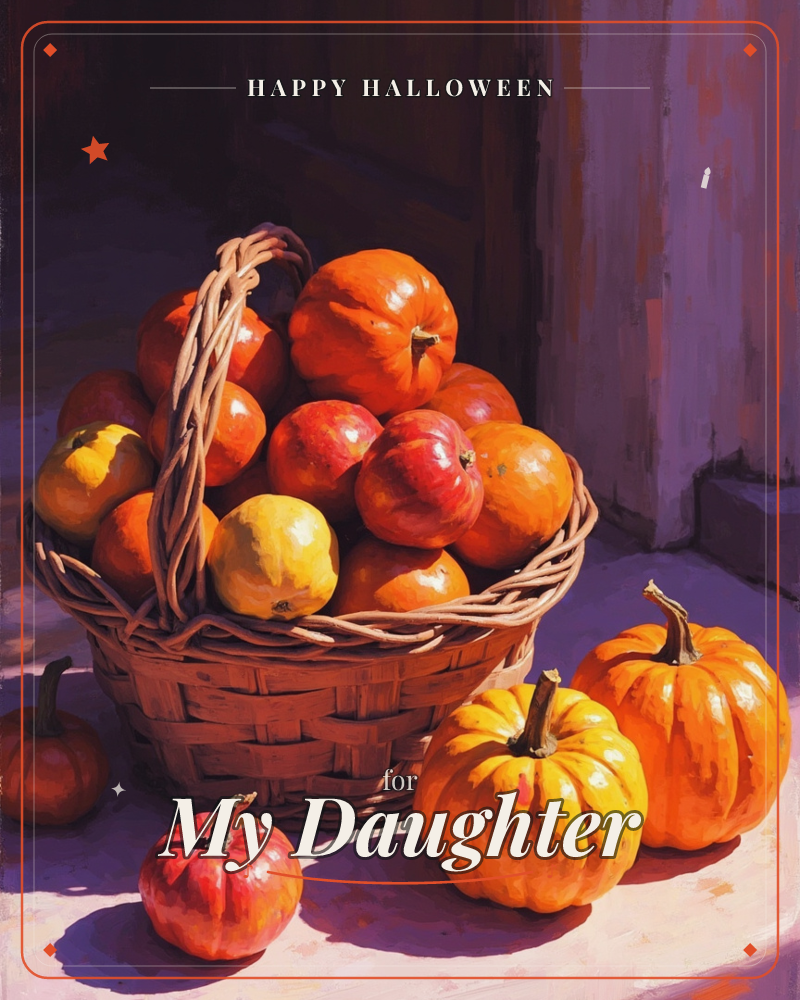 A woven basket overflows with glossy apples in shades of red, orange and yellow, set beside a cluster of small pumpkins on a sunlit stone step, a halloween e-card design