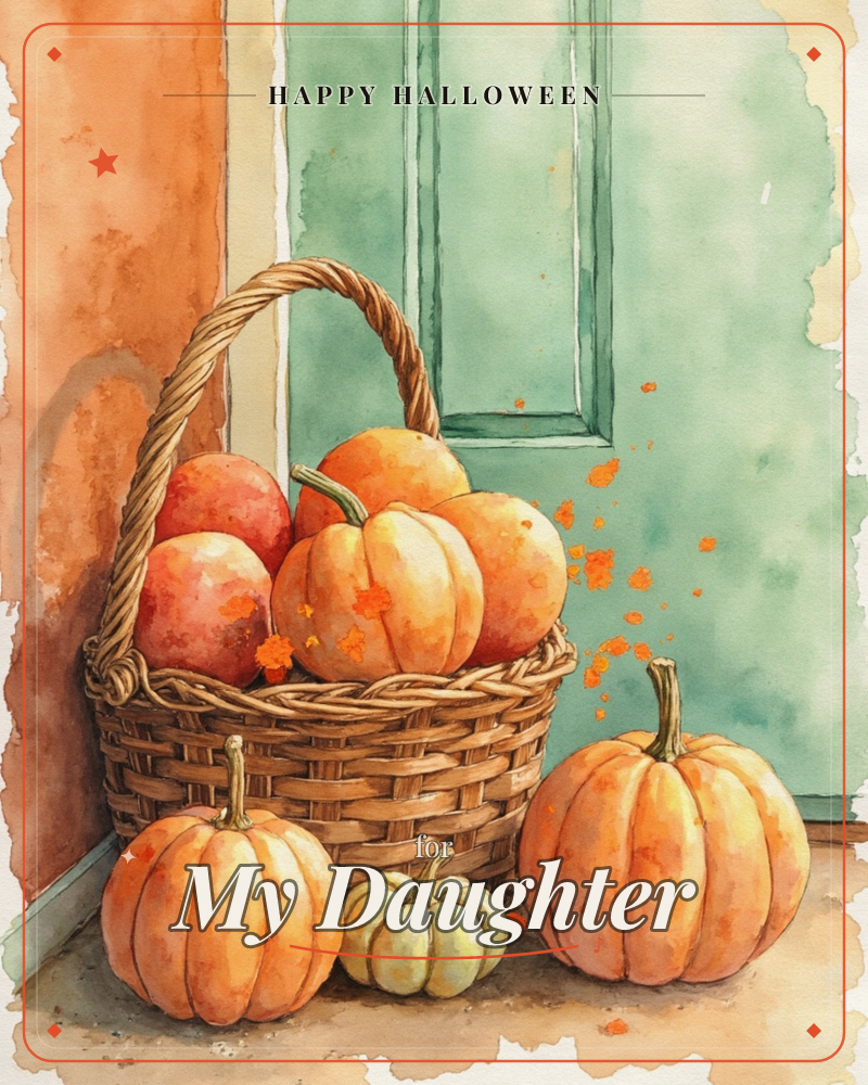 A woven basket brimming with pumpkins and apples sits on a doorstep beside a weathered sage-green door, with a few extra pumpkins gathered on the…, a halloween e-card design