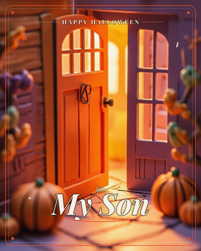 A miniature orange arched door stands open onto a warm glowing interior, its paned glass windows catching golden light against a stone-tiled threshold, a halloween e-card design