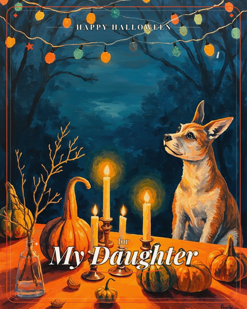 A small tan dog with tall alert ears sits at a table crowded with pumpkins, gourds, and lit candles, gazing up into a deep midnight-blue night strung…, a halloween e-card design