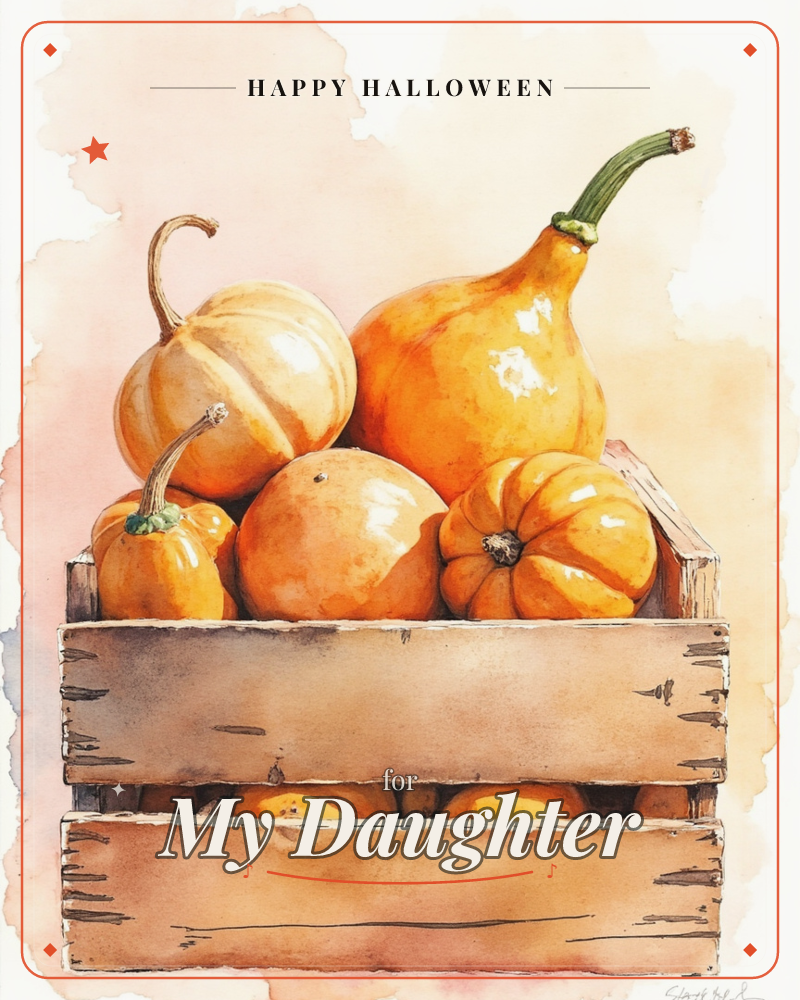 A weathered wooden crate is piled high with a mix of small pumpkins and curved squash, their skins glowing in shades of gold and amber, a halloween e-card design