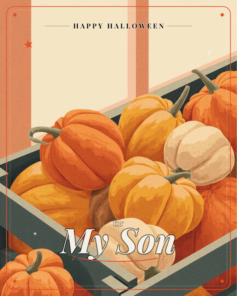 A wooden crate is piled high with pumpkins in shades of deep orange, mustard yellow, and cream, their curved ribs catching a flat, warm light, a halloween e-card design
