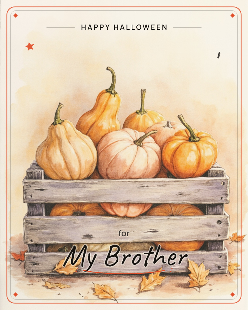 A weathered wooden crate is packed with an autumn harvest of pumpkins, squashes and gourds in varying shapes, from bulbous orange globes to a pale pink…, a halloween e-card design