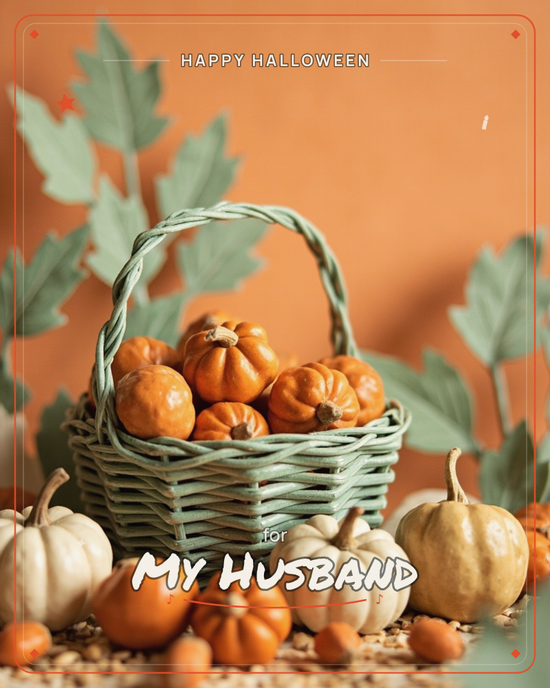 A sage-green woven basket sits filled with small glossy orange pumpkins, surrounded by more pale cream and white pumpkins scattered across a bed of…, a halloween e-card design