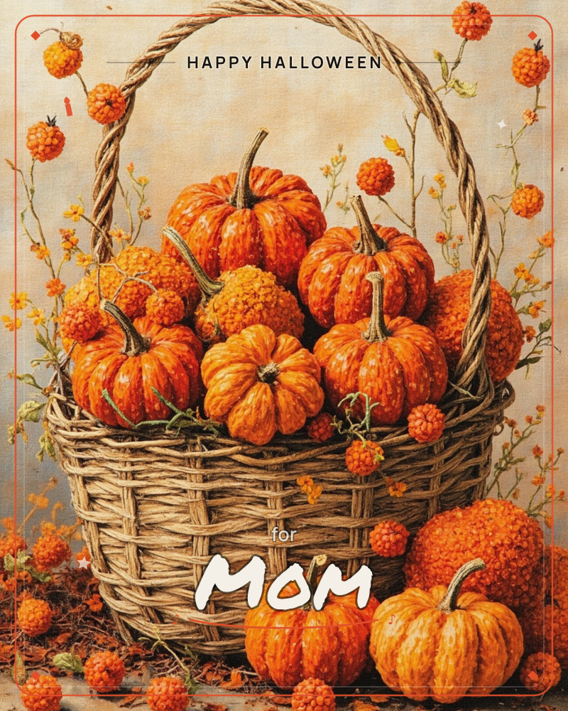 A woven wicker basket with a tall braided handle overflows with small orange pumpkins in warm, textured varieties, some smooth and some knobbly like…, a halloween e-card design