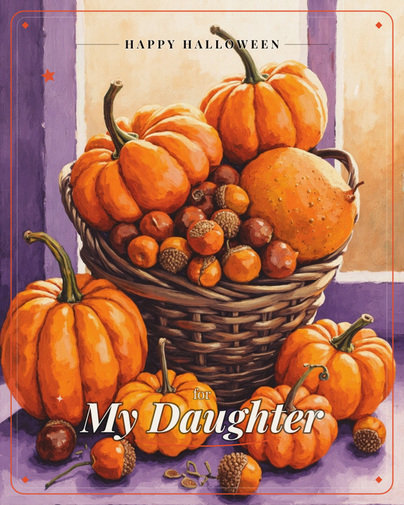 A woven basket overflows with small orange pumpkins, a knobby gourd, and clusters of acorns and chestnuts, set against a bold purple-striped background, a halloween e-card design