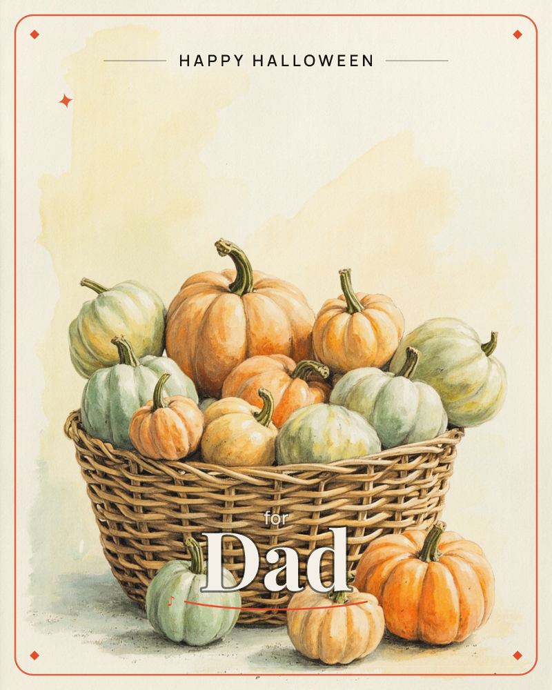 A woven wicker basket sits piled high with small pumpkins in soft orange, cream and sage green, a few more scattered on the ground in front of it, a halloween e-card design