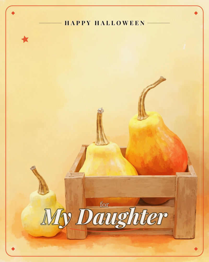 A small wooden crate holds two golden pears with curling stems, while a third smaller pear sits on the ground beside it, a halloween e-card design