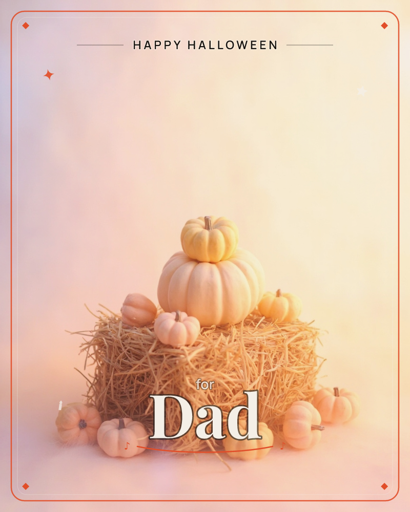 A stack of pale, blush-toned pumpkins sits atop a small hay bale, surrounded by scattered miniature pumpkins in the same soft peachy hue, a halloween e-card design