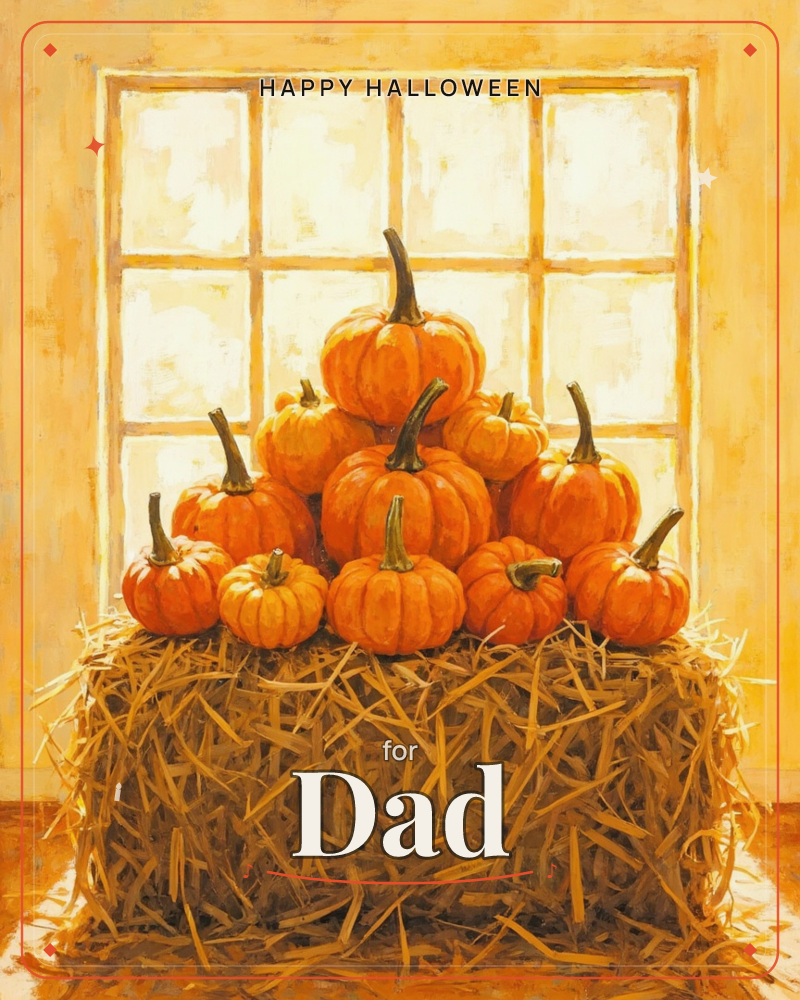 A pyramid of small orange pumpkins is stacked on a straw bale in front of a many-paned window glowing with soft light, a halloween e-card design