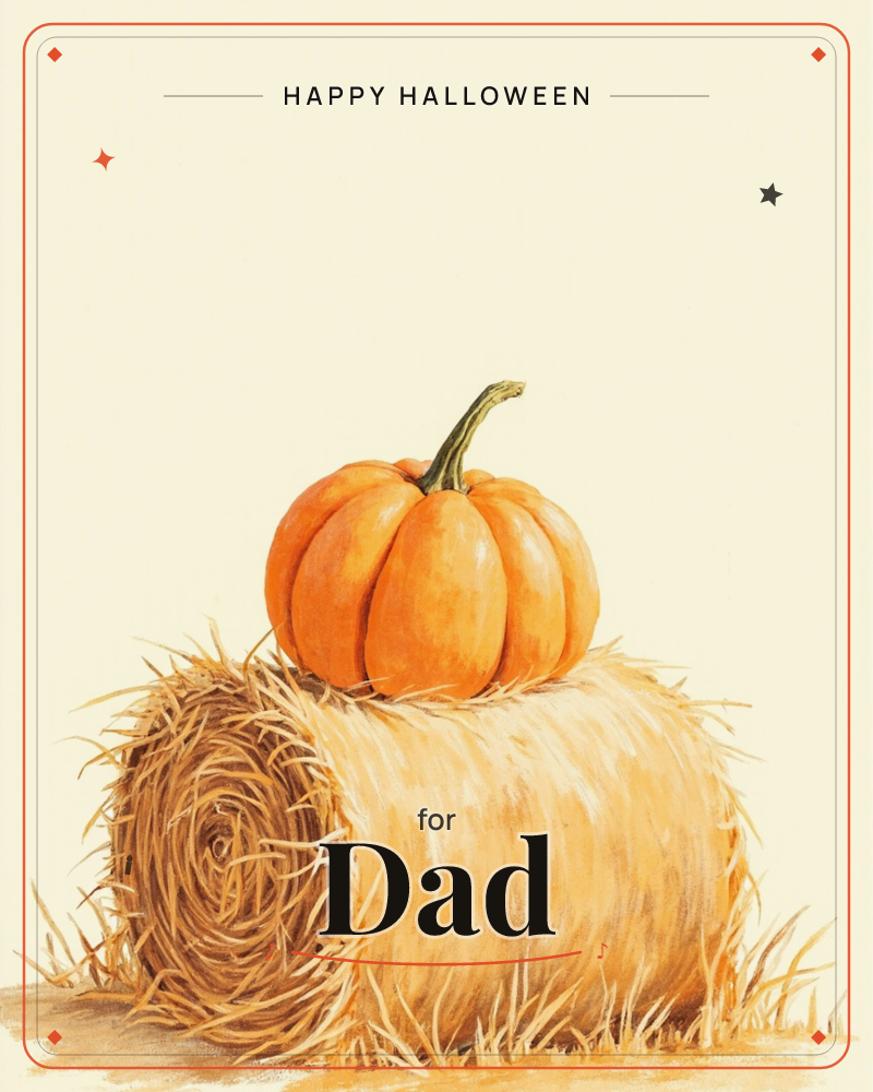 A single round pumpkin with a curling green stem sits atop a rolled hay bale, painted against a plain warm cream background, a halloween e-card design
