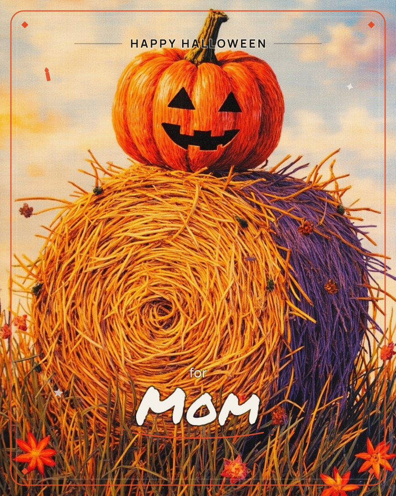 A grinning carved pumpkin sits atop a round hay bale shaded gold on one side and deep purple on the other, set in a field of tall grass scattered with…, a halloween e-card design