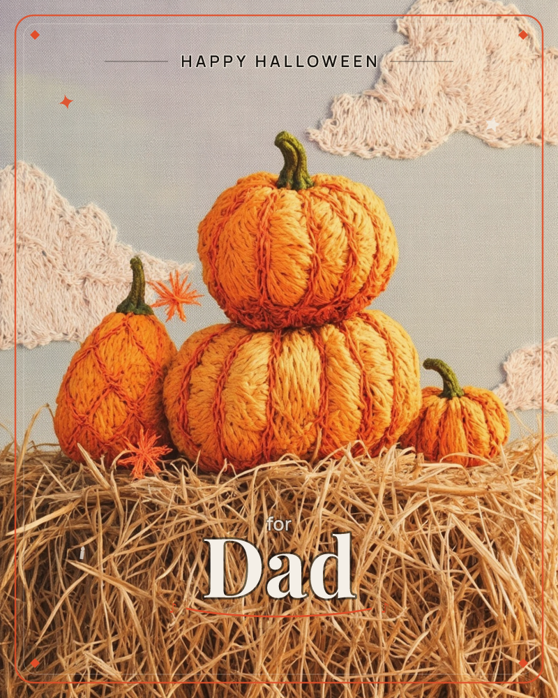 An embroidered autumn scene shows a cluster of stitched orange pumpkins piled on a bale of hay, set against a soft grey-blue sky with fluffy…, a halloween e-card design