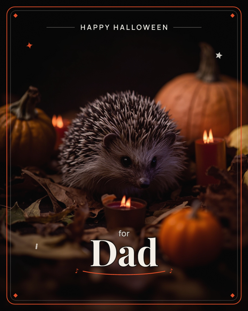 A small hedgehog sits amid fallen autumn leaves, surrounded by miniature pumpkins and flickering candles glowing against a near-black background, a halloween e-card design