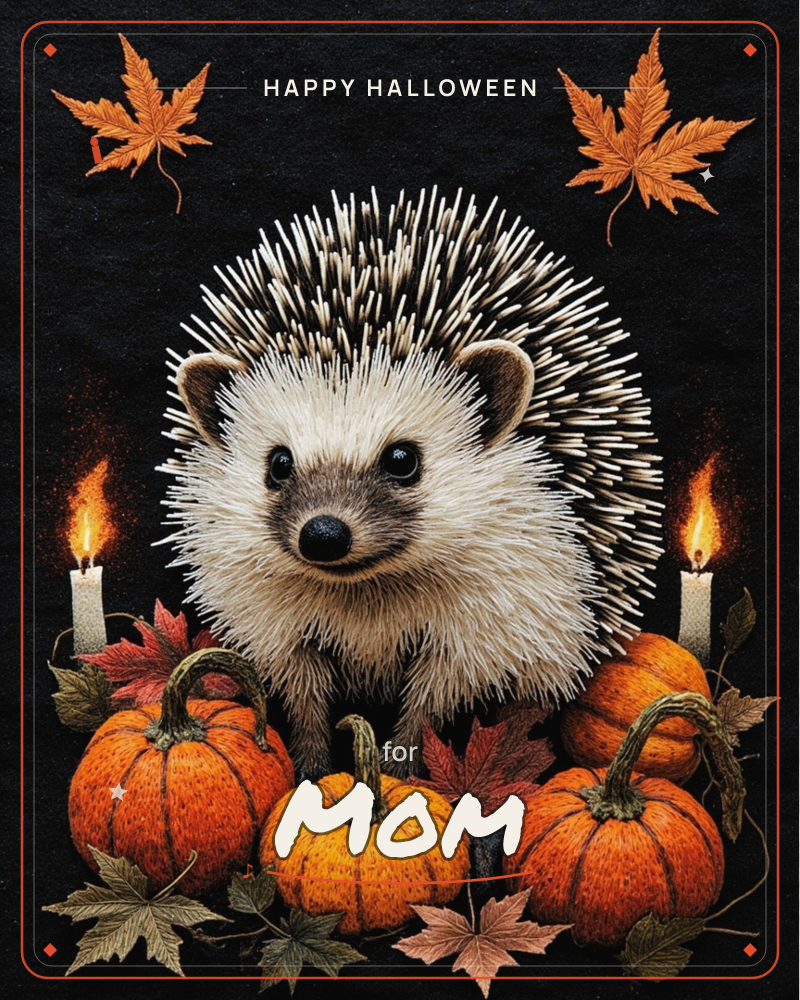 A round-faced hedgehog sits nestled among a cluster of small orange pumpkins, its quills rendered in fine, thread-like detail against a solid black…, a halloween e-card design