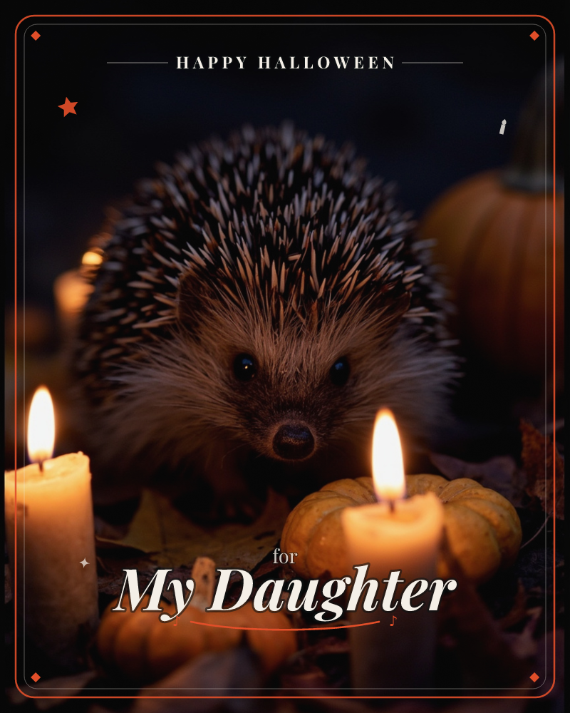 A small hedgehog sits among fallen autumn leaves, its face lit by two glowing candles in the foreground and a pumpkin looming softly in the darkness…, a halloween e-card design