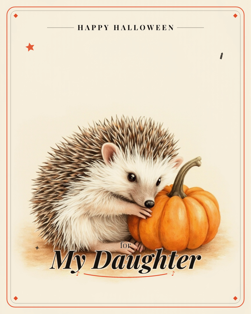 A small hedgehog curls contentedly beside a plump orange pumpkin, its tiny paws resting against the ridged skin as if hugging it close, a halloween e-card design