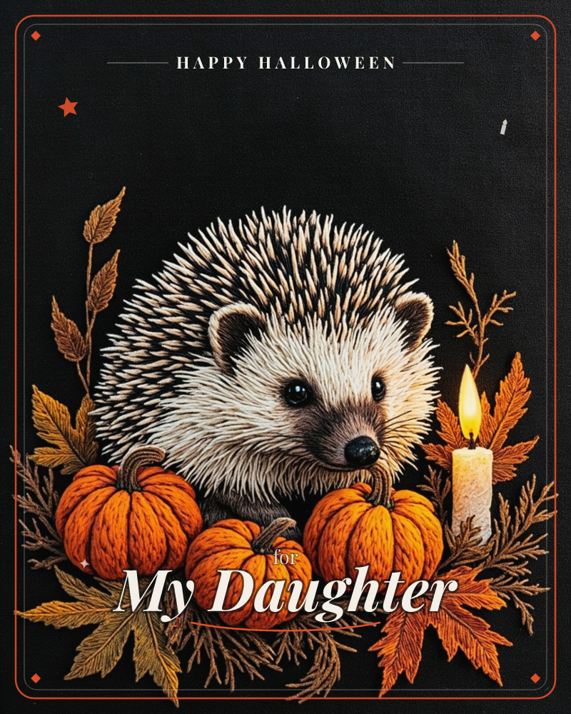 A hedgehog peers out from behind a huddle of small orange pumpkins against a deep black background, its spines rendered in fine cream and brown detail, a halloween e-card design