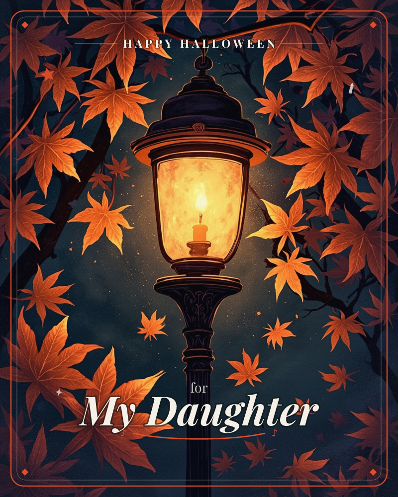 A black iron lamppost glows with a single candle flame behind glass, framed by branches heavy with orange autumn maple leaves against a dark night sky, a halloween e-card design