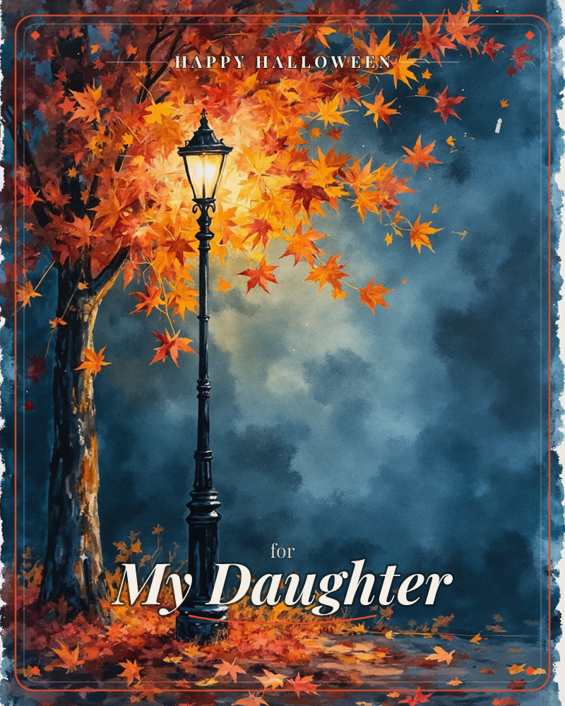 A black iron lamppost glows beneath a maple tree heavy with autumn leaves, its warm light pushing back against a deep blue, misty night, a halloween e-card design