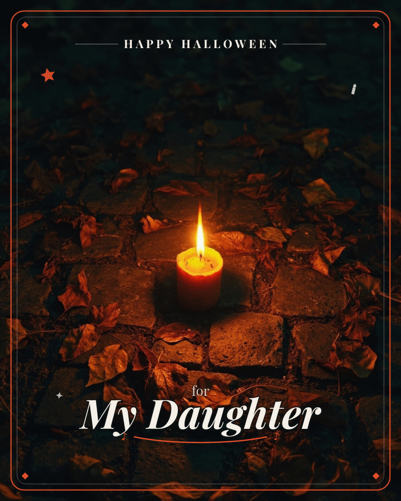 A single lit candle sits on old cobblestones scattered with dry fallen leaves, its flame glowing bright against the surrounding darkness, a halloween e-card design
