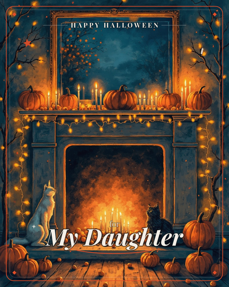 A glowing mantelpiece scene at night, lined with pumpkins, flickering candles and strings of warm fairy lights, with bare branches twisting up either side, a halloween e-card design