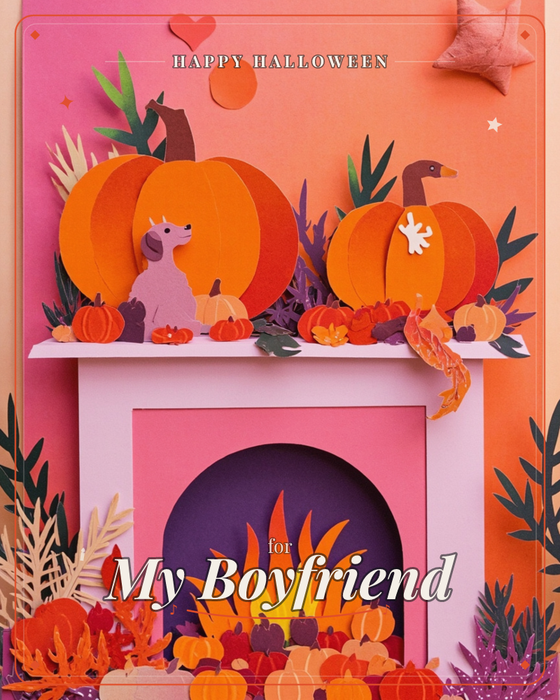 A paper-craft mantelpiece glows with an autumn display: layered pumpkins, dried grasses, and a small paper dog and goose nestled among the gourds…, a halloween e-card design