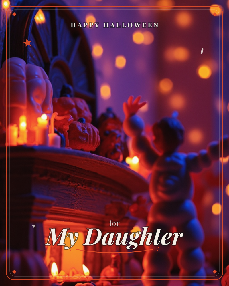 A miniature carved building glows from within, its rooftop lined with tiny flickering candles and small carved pumpkins, while a bubble-limbed figurine…, a halloween e-card design