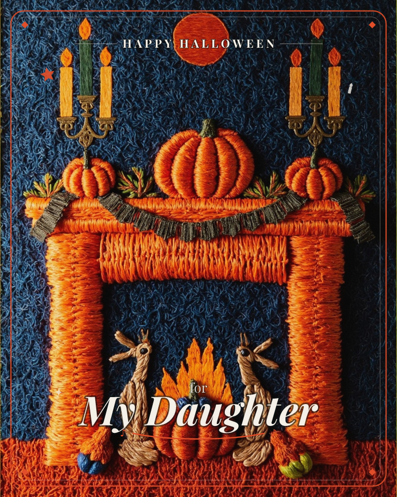 A richly textured embroidered illustration shows an orange mantelpiece stitched in thick looped thread, topped with pumpkins and flanked by candelabras…, a halloween e-card design