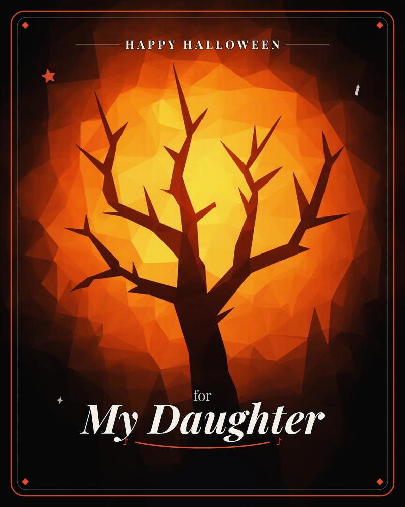 A bare, gnarled tree stands in silhouette against a blazing geometric sunset of low-poly triangles in orange and gold, a halloween e-card design