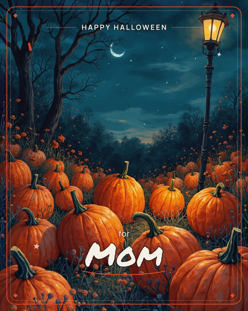 A patch of plump orange pumpkins spreads across the foreground under a deep midnight-blue sky, lit by a single glowing lamppost and a thin crescent moon, a halloween e-card design