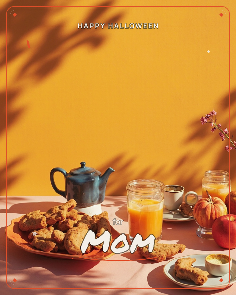 A sunlit tabletop scene against a bold mustard-yellow wall, with leaf shadows cast dramatically across the surface, a halloween e-card design