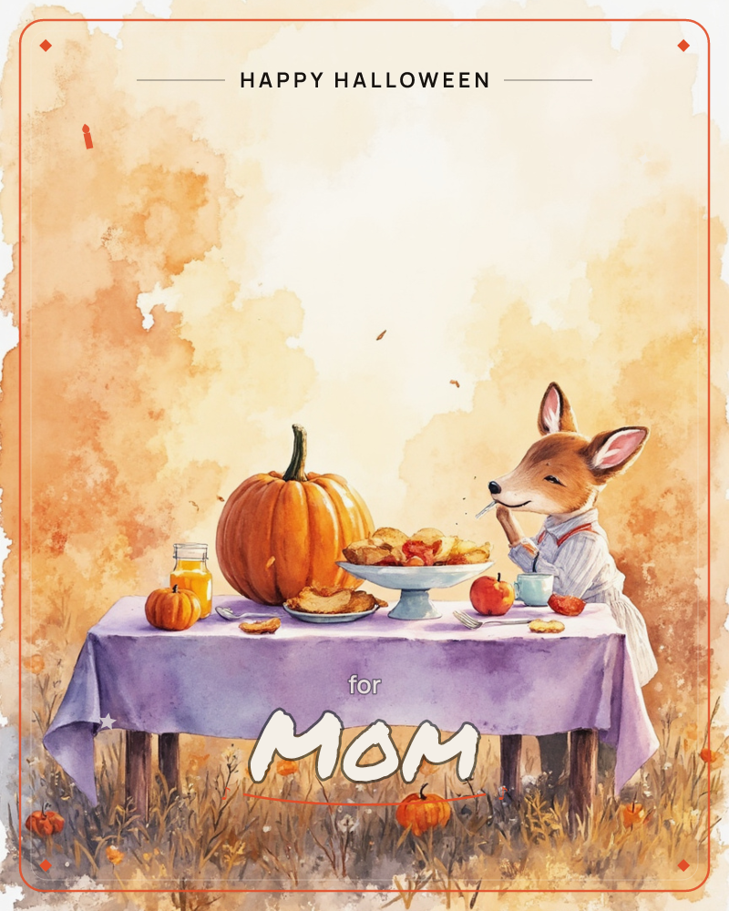 A little fox in a striped shirt stands at a purple-clothed table set with a pumpkin, a stand of pastries, apples, honey and a teacup, taking a happy…, a halloween e-card design