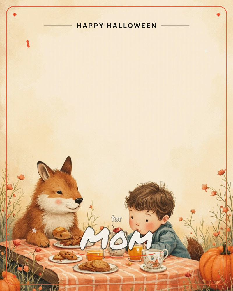 A child and a rosy-cheeked fox lean together over a small picnic table, sharing cookies and cups of tea from a floral pitcher and mismatched china, a halloween e-card design