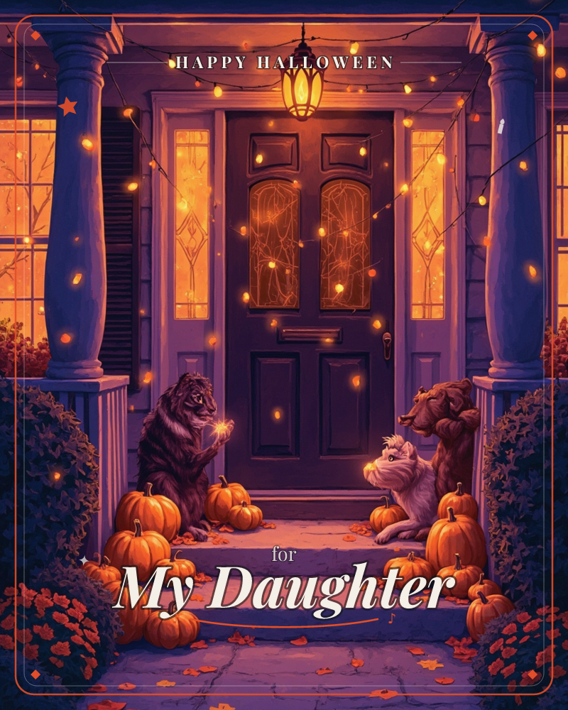 A porch glows at dusk with warm light spilling from the glass panels of a front door, framed by fairy lights strung across the columns, a halloween e-card design