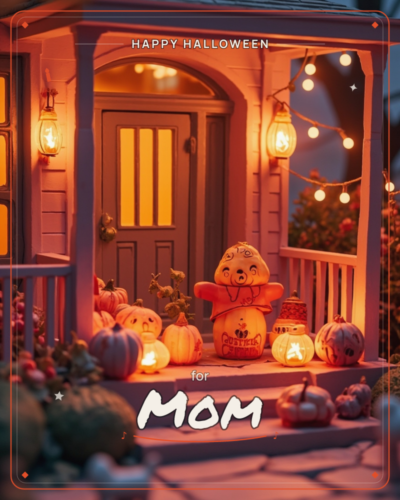 A miniature front porch glows with autumn light, its arched door flanked by lantern sconces and a string of warm bulbs, a halloween e-card design