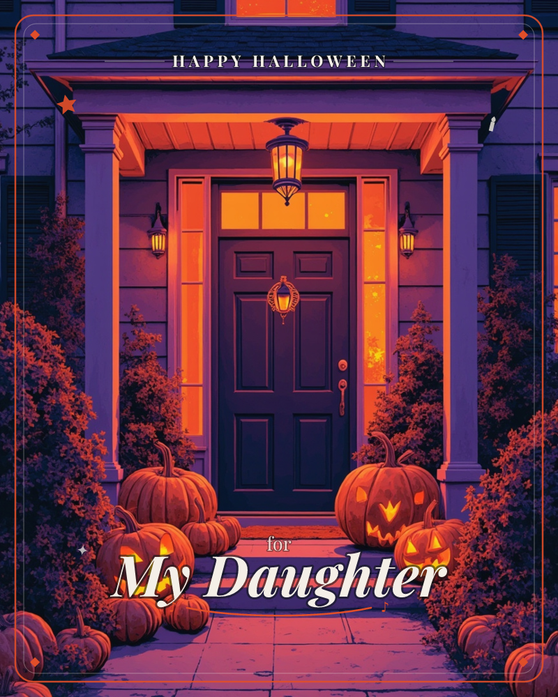 A porch glows with warm orange light spilling through the sidelights of a dark front door, while carved jack-o'-lanterns line the steps and flank the…, a halloween e-card design
