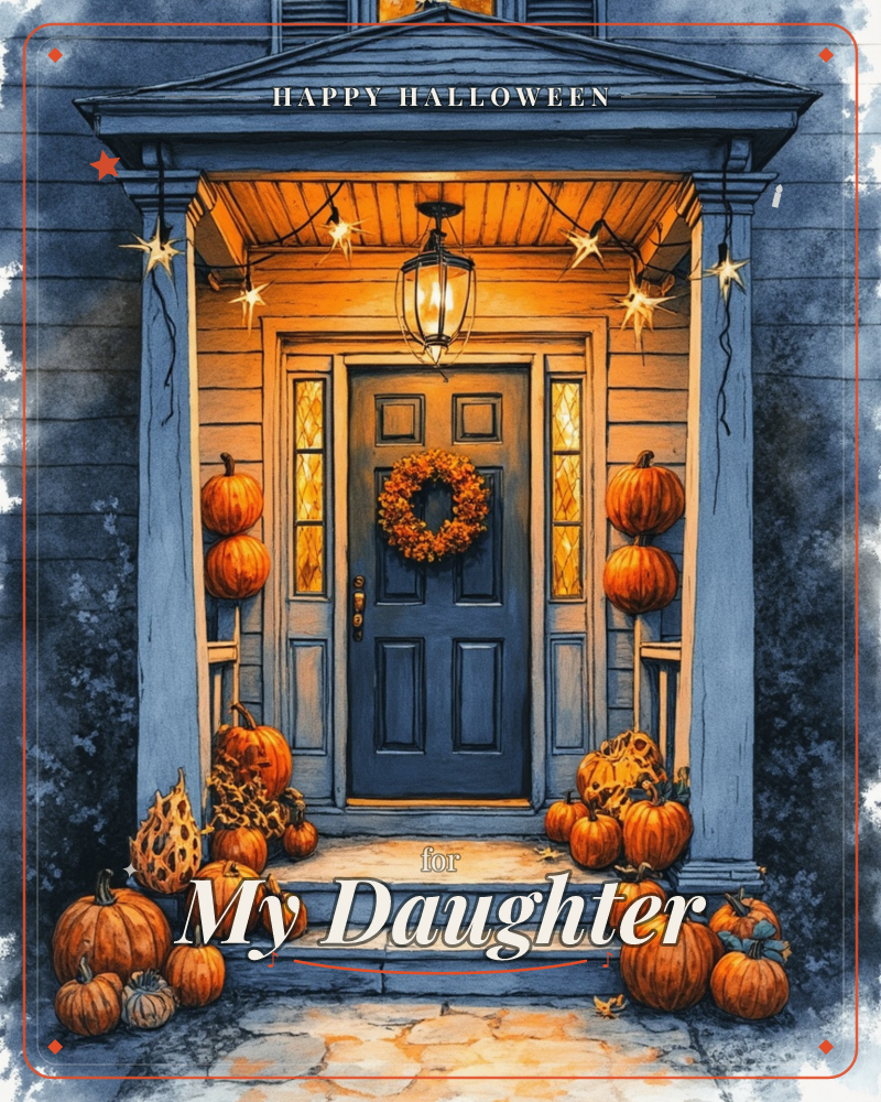 A navy-blue front porch glows warm at dusk, its lantern and star-shaped string lights lit above a dark blue door hung with an autumn wreath, a halloween e-card design